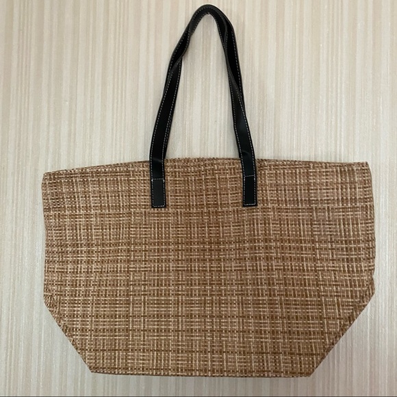 Beige/Tan Tweed Woven Tote Bag Faux Leather Handles NWOT - Picture 2 of 5